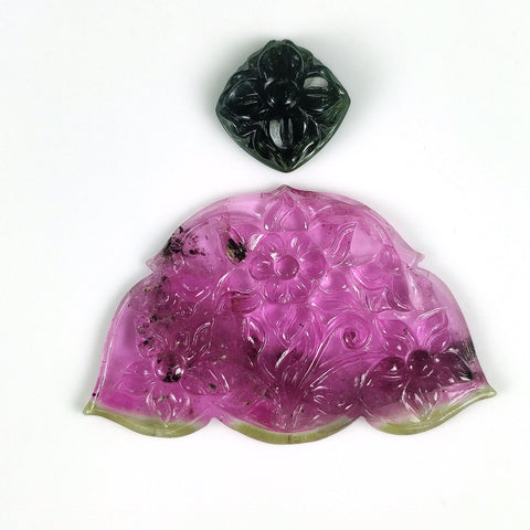 59.40cts Natural Untreated PINK BLACK TOURMALINE Gemstone Hand Carved Uneven Cushion Shapes 15mm & 32*52mm 2pcs