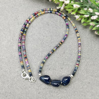 SAPPHIRE Gemstone Necklace Natural Untreated BLUE & MULTI Sapphire Beads Necklace Silver 17.8