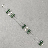 Green SERPENTINE & White PEARL Gemstones Beads Chain NECKLACE : 925 Sterling Silver Natural Round Cabochon 17