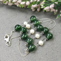 Green SERPENTINE & White PEARL Gemstones Beads Chain NECKLACE : 925 Sterling Silver Natural Round Cabochon 17