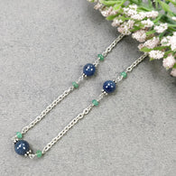 Gemstone Beads Necklace : Natural Blue Sapphire Round Ball With Emerald Beads 925 Sterling Silver Chain Necklace 18