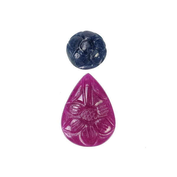 RED RUBY & Blue SAPPHIRE Gemstone Carving : 20.15cts Natural Untreated Ruby Hand Carved Pear and Round 20*15mm - 11mm 2pcs (With Video)