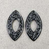 BLACK ONYX Gemstone Carving : 32.30cts Natural Color Enhanced Onyx Hand Carved Uneven Shape 21*40mm Pair