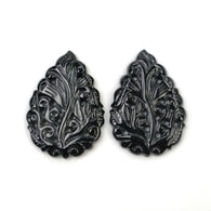 BLACK ONYX Gemstone Carving : 45.50cts Natural Color Enhanced ONYX Hand Carved Pear Shape 36.5*26mm Pair