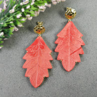 925 Sterling Silver Gold Plated : Synthetic Hand Carved Red Maple Leaf Simulated Prong Set Dangle Push Back Earring (With Video)