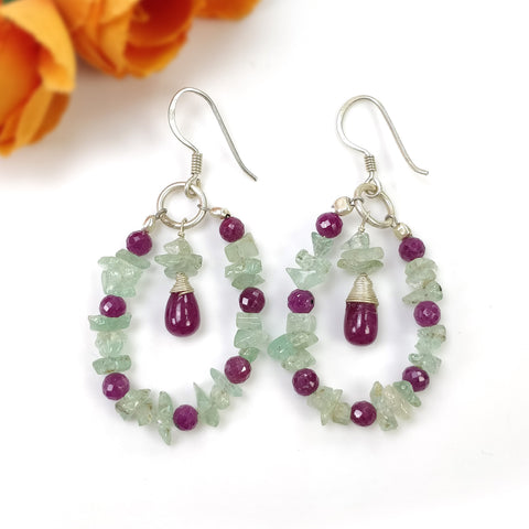 RUBY And EMERALD Uncut Gemstone Beaded Earrings : 8.15gms Natural Untreated 925 Sterling Silver Drop Dangle Hook Earrings 2.5