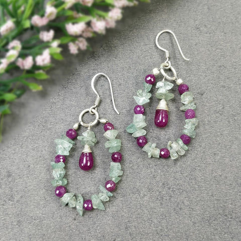 RUBY And EMERALD Uncut Gemstone Beaded Earrings : 8.15gms Natural Untreated 925 Sterling Silver Drop Dangle Hook Earrings 2.5