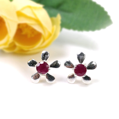 RUBY Gemstone 925 Sterling Silver Earrings : Natural Glass Filled Prong Set Silver & Yellow Gold Plated Push Back Floral Stud Earrings 0.5