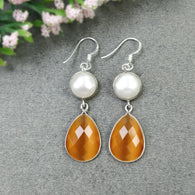 PEARL & Synthetic Rhinestone Gemstone 925 Sterling Silver Earring : 7.11gms Manmade Bezel Set Drop Dangle Hook Earrings 2