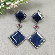 Blue SAPPHIRE Gemstones With CZ 925 Sterling Silver Earring : Natural Pave Set Push Back Drop Dangle Victorian Earring 3.5