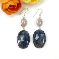 BLUE & PINK SAPPHIRE Gemstone Earring : 15.20gms Natural Sapphire 925 Sterling Silver Drop Dangle Bezel Set Hook Earrings 2.35