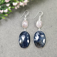 BLUE & PINK SAPPHIRE Gemstone Earring : 15.20gms Natural Sapphire 925 Sterling Silver Drop Dangle Bezel Set Hook Earrings 2.35