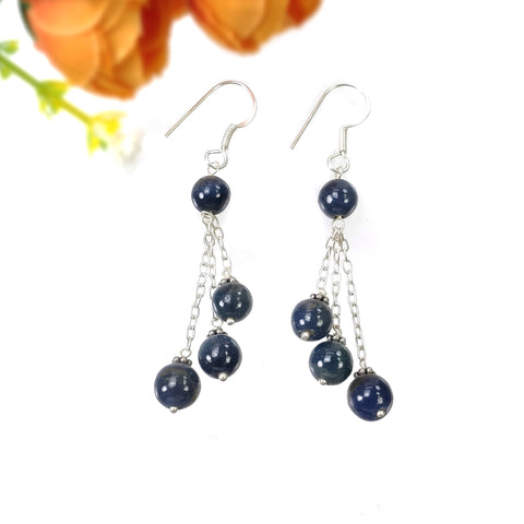 BLUE SAPPHIRE 925 Sterling Silver Earrings : 8.390gms Natural Triple Drop Dangle Round Beaded Hook Earrings 2.50