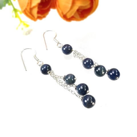 BLUE SAPPHIRE 925 Sterling Silver Earrings : 8.390gms Natural Triple Drop Dangle Round Beaded Hook Earrings 2.50