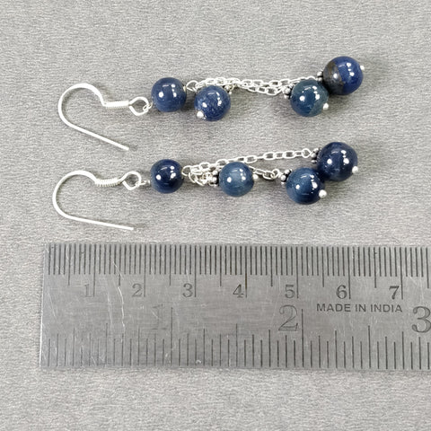 BLUE SAPPHIRE 925 Sterling Silver Earrings : 8.390gms Natural Triple Drop Dangle Round Beaded Hook Earrings 2.50