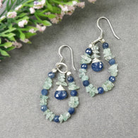 BLUE SAPPHIRE And EMERALD Uncut Gemstone Beaded Earrings : 8.05gms Natural 925 Sterling Silver Drop Dangle Hook Earrings 2.15