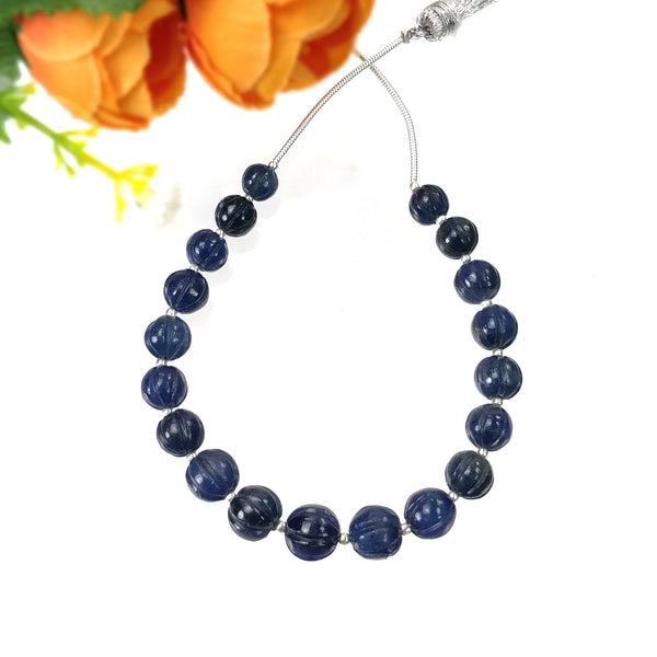 BLUE SAPPHIRE Gemstone Carving Loose Beads: 59.05cts Natural Untreated Sapphire Round Shape Hand Carved Melon Beads 6mm - 8mm