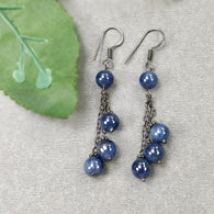 BLUE SAPPHIRE 925 Sterling Silver Earrings : 8.390gms Natural Triple Dangle Victorian Round Plain Beaded Hook Earrings 2.50