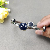 Sapphire Gemstone Bracelet: 20.23gmsNatural BLUE SAPPHIRE 925 Sterling Silver Oval Rose Cut Bezel Set Bangle Bracelet Inner Length Size 2.28