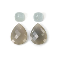GREY ONYX and AQUAMARINE Gemstone Checker Cut & Cabochon: 53.10cts Natural Color Enhanced  Onyx Briolette Pear Cushion 12mm - 26.5*20.5mm 4pcs