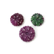 Red Green RUBY Gemstone Carving : 42.50cts Natural Untreated Red Ruby Hand Carved Round FLOWER Shape 15mm - 18mm 3pcs