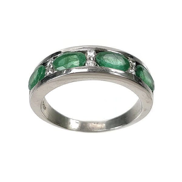 Natural EMERALD Gemstone With CZ RING : 4.110gms 925 Sterling Silver Normal Cut Bezel Set Fine Statement Unisex Ring 8US
