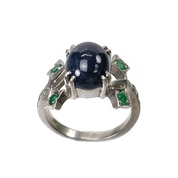 Blue SAPPHIRE & Emerald Gemstone With CZ RING : 5.480gms 925 Sterling Silver Natural Sapphire Oval Cabochon Prong Set Unisex Ring 7.5US