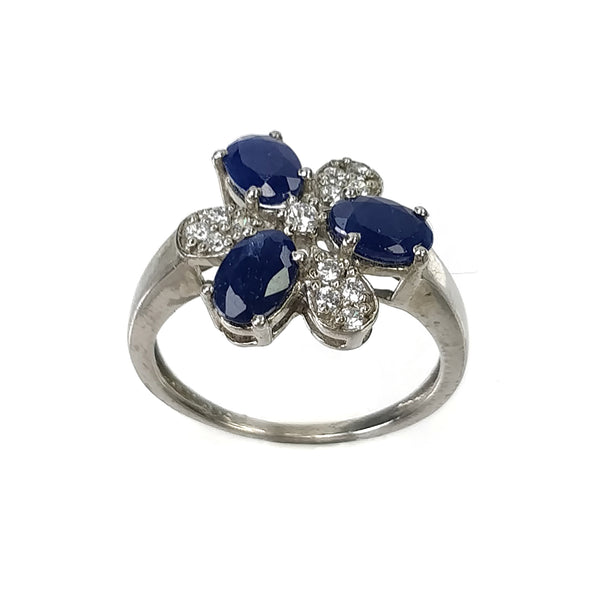 Blue SAPPHIRE Gemstone With CZ RING: 2.890gms 925 Sterling Silver Natural Sapphire Oval Normal Cut Prong Set Unisex Ring 7.25US