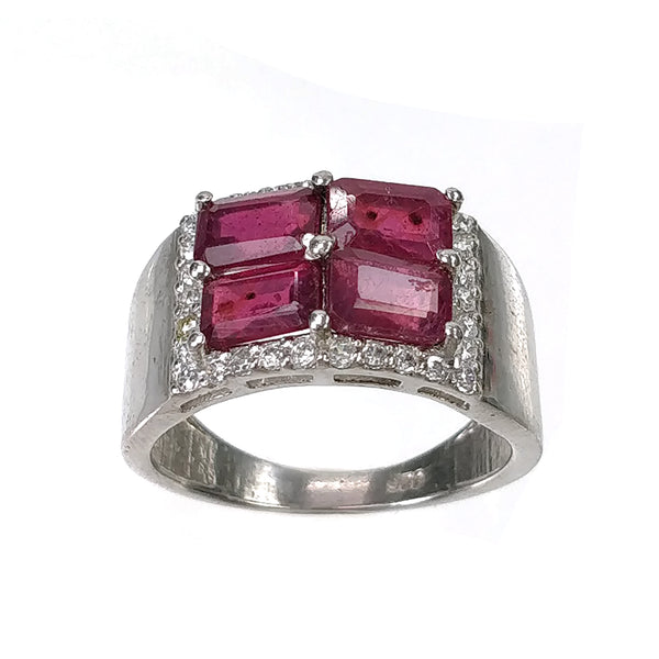 RED RUBY Gemstone With CZ Ring : 4.370gms 925 Sterling Silver Natural Ruby Cushion Normal Cut Prong Set Ring For Women 7.5US