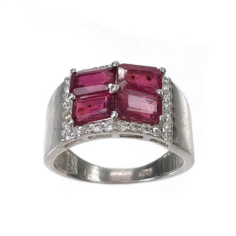 RED RUBY Gemstone With CZ Ring : 4.370gms 925 Sterling Silver Natural Ruby Cushion Normal Cut Prong Set Ring For Women 7.5US