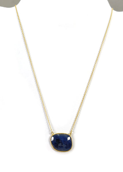 BLUE SAPPHIRE Gemstone Necklace : 18" 925 Sterling Silver Natural Sapphire Gemstone Rose Cut Yellow Gold Plated Chain Necklace For Women