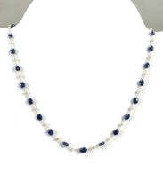 BLUE SAPPHIRE Cat's Eye Gemstones Beads Chain NECKLACE : 925 Sterling Silver Natural Sapphire Cabochon 16