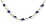 BLUE SAPPHIRE Cat's Eye Gemstones Beads Chain NECKLACE : 925 Sterling Silver Natural Sapphire Cabochon 16