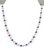 Blue SAPPHIRE & Burmese RUBY Gemstones Beads Chain NECKLACE : 925 Sterling Silver Natural Sapphire Oval Cabochon Cut 17