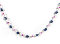 Blue SAPPHIRE & Burmese RUBY Gemstones Beads Chain NECKLACE : 925 Sterling Silver Natural Sapphire Oval Cabochon Cut 17