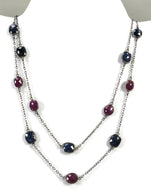 Blue SAPPHIRE Red RUBY Gemstones Chain Necklace : 925 Sterling Silver Natural Sapphire & Ruby Checker Cut 37