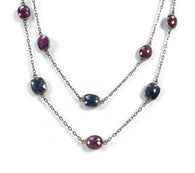 Blue SAPPHIRE Red RUBY Gemstones Chain Necklace : 925 Sterling Silver Natural Sapphire & Ruby Checker Cut 37