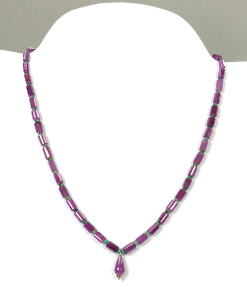 Raspberry SAPPHIRE & Emerald Gemstone Fancy Cut NECKLACE : 24.80gms Natural Untreated Pencil Necklace 7*3.5mm - 9*4.45mm 18.5" (With Video)