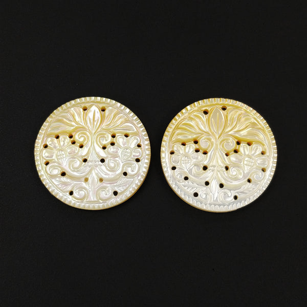 MOTHER OF PEARL Gemstone Carving : 55.70cts Natural Untreated White Mop Hand Carved Round Shapes 29.5mm Pair