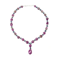 Ruby & Blue Sapphire Gemstone NECKLACE: 74.38gms Natural Untreated Bi-Color Zoisite Ruby 925 Sterling Silver 7mm - 21*16mm 19.5