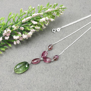 Watermelon Tourmaline Gemstone NECKLACE : 34.30cts Natural Untreated Oval Plain Tourmaline With 925 Sterling Silver 7*5.5mm - 18*12mm 19.5"