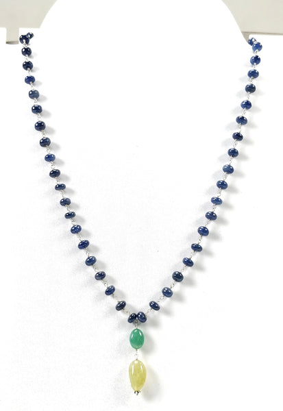Blue SAPPHIRE EMERALD & Cat's Eye Gemstone NECKLACE : 109.40cts Natural Plain Beads Sapphire With 925 Sterling Silver 6mm - 14*8.5mm 22"