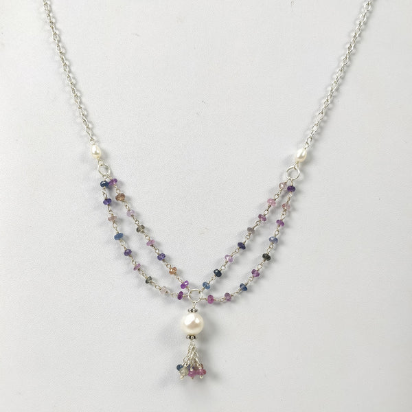 Multi Sapphire & Pearl Gemstone Beads Chain NECKLACE : 33.55cts Natural Untreated With 925 Sterling Silver Necklace 3mm - 6mm 19.25"
