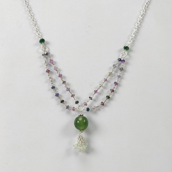 Multi Sapphire & Serpentine Gemstone Beads Chain NECKLACE : 37.30cts Natural Untreated With 925 Sterling Silver Necklace 3mm - 11mm 19.25"
