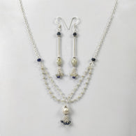 Blue SAPPHIRE & Chrysoberyl CAT'S EYE Gemstones Jewelry : Natural Untreated With 925 Sterling Silver Beaded Necklace Earring Jewelry Set