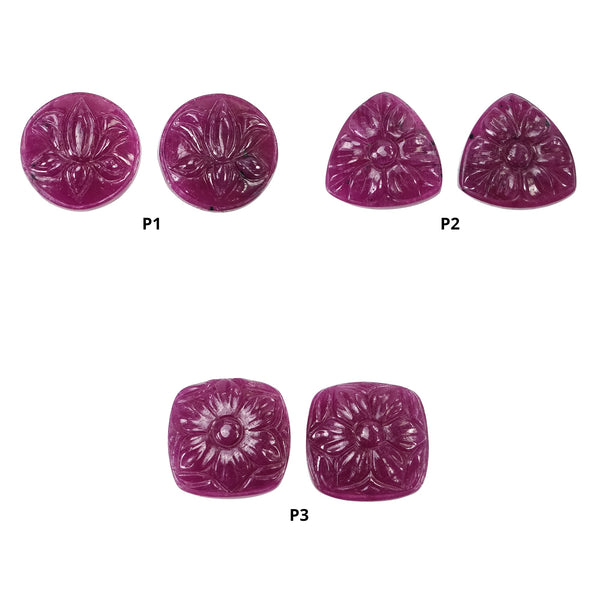 Ruby Gemstone Carving : Natural Untreated Unheated Red Ruby Hand Carved Round Cushion Triangle Shape Pairs