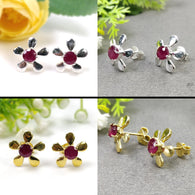 RUBY Gemstone 925 Sterling Silver Earrings : Natural Glass Filled Prong Set Silver & Yellow Gold Plated Push Back Floral Stud Earrings 0.5
