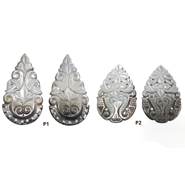 MOTHER OF PEARL Gemstone Carving : Natural Untreated Black Mop Hand Carved Pear Shape Pairs