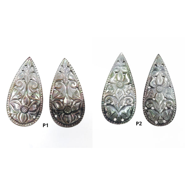 MOTHER OF PEARL Gemstone Carving : Natural Untreated Black Mop Hand Carved Pear Shape Pairs