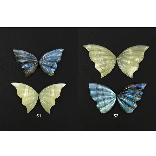 Labradorite & Yellow Opal Gemstone Carving : Natural Untreated Unheated Hand Carved Butterfly 2Pair Set